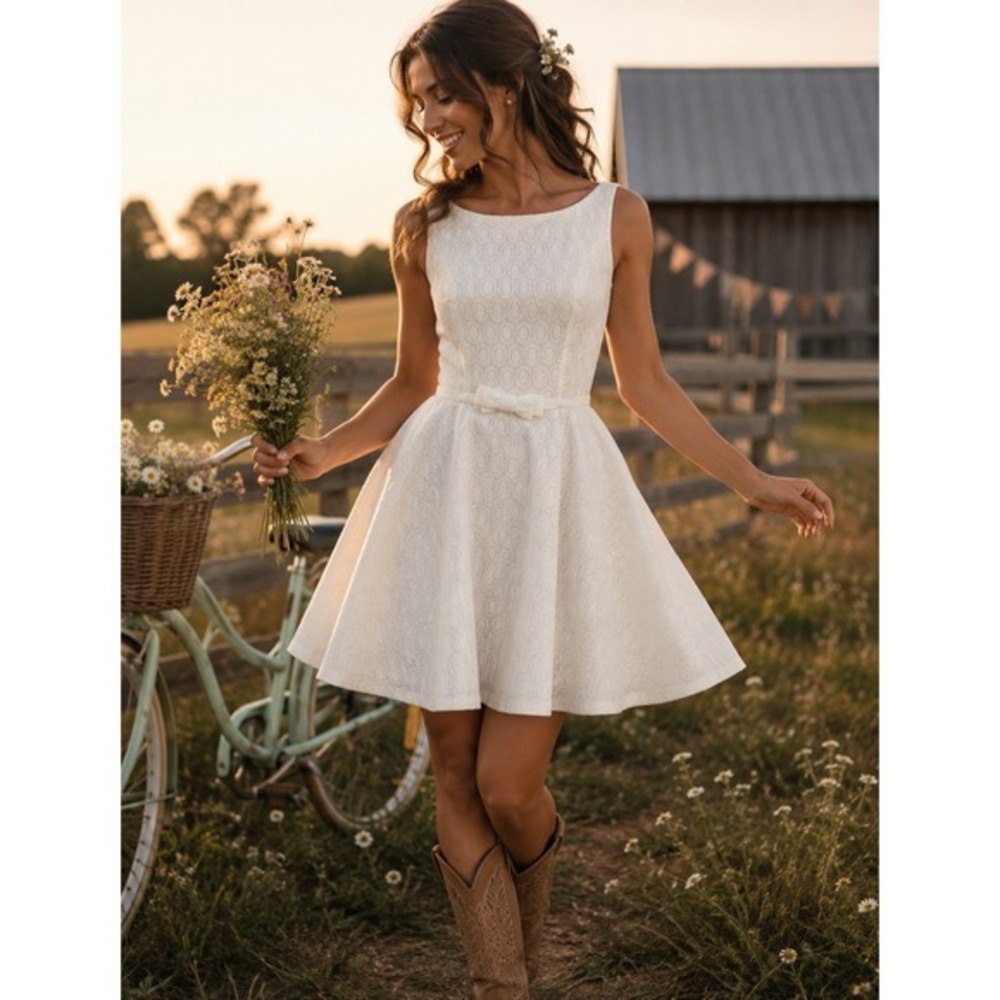 NWT Retro Lace Swing Dress Ivory Bow Waist Boat Neck A Line Bridal Cocktail M - Picture 1 of 17